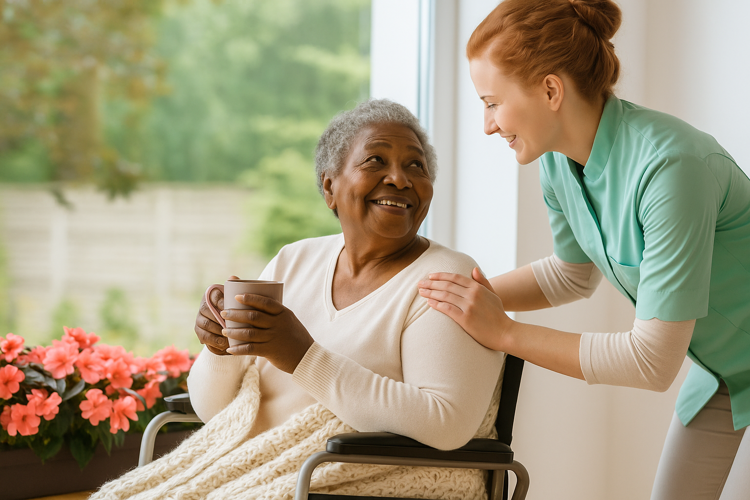 Professional caregiver assisting senior in Evanston home